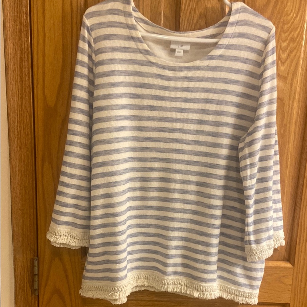 J. Jill Cream and blue striped Knit top with Fringe.